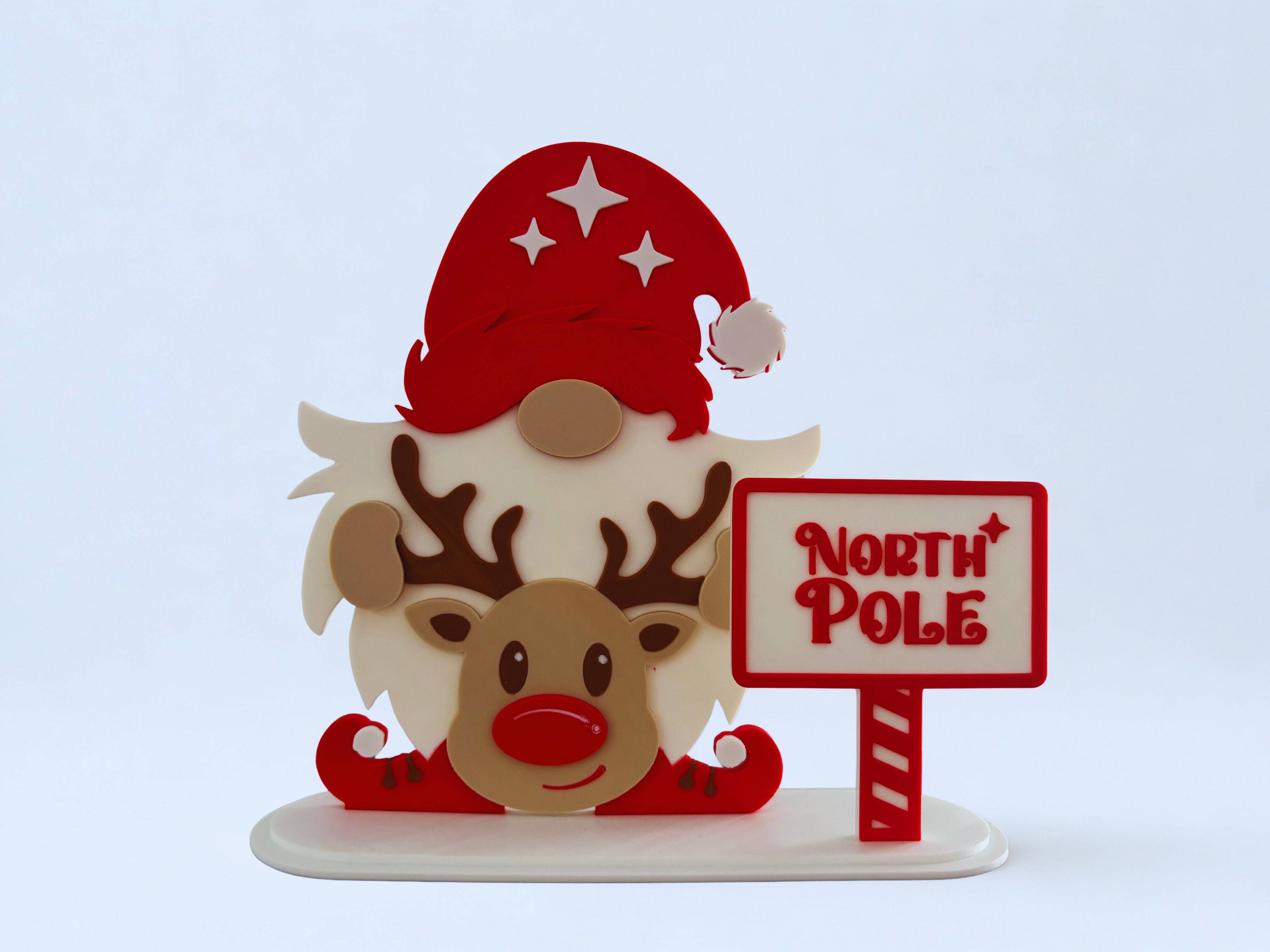 Pai Natal com Rena e Placa Pólo Norte – Decoração de Natal 3D Impressa